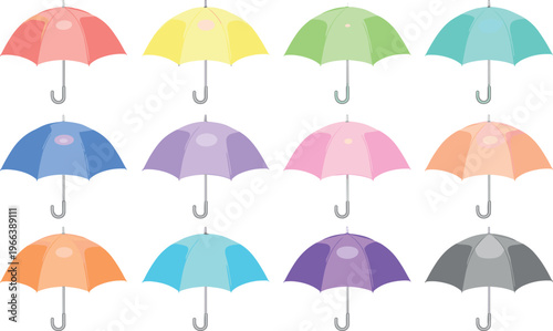Colorful open umbrellas assortment with curved handles pastel shades and rain protection concept vector illustration