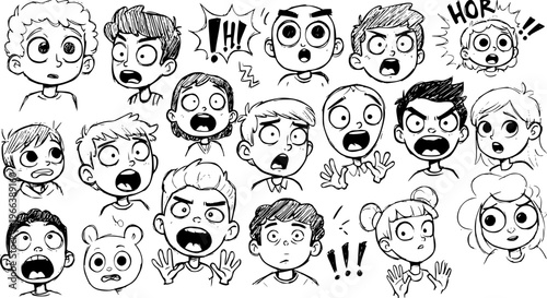 Hand-drawn collection of expressive cartoon children faces. Boys and girls displaying a range of strong emotions including surprise, fear, anger, and shock in a sketchy black and white style.