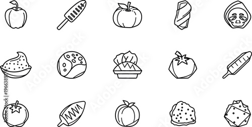 Food outline icon set with fruits vegetables and snacks in minimalist line vector style