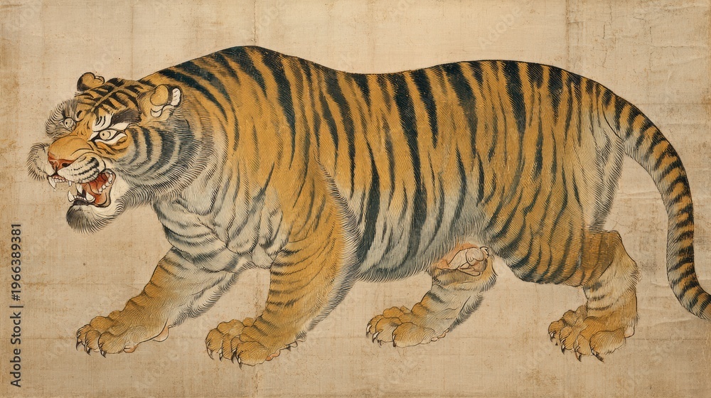 Obraz premium 伝統的な民画様式の猛虎図、力強い筆致とユーモラスな表情の和風背景素材