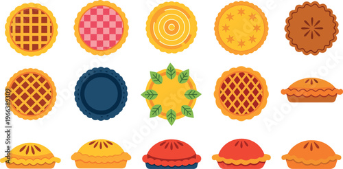 Colorful pies with lattice, spiral, star, and leaf crust designs in cheerful vector illustration