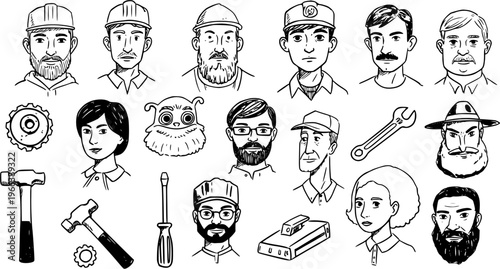 Diverse Workers and Tools Doodle Set: Cartoon Faces, Construction Gear, Gears, Hammers, Wrenches  More Line Art