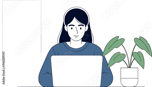 Woman using laptop at desk vector illustration, remote work and online communication concept for home office, productivity and modern lifestyle design