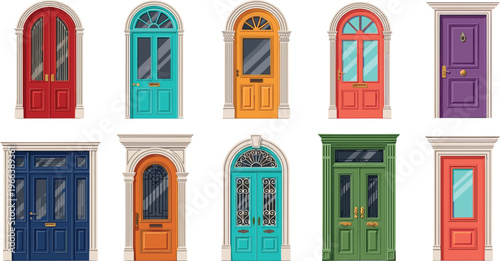 Colorful vintage front doors collection with classic wooden entrances and decorative frames vector illustration