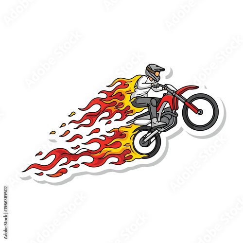 Motocross rider performing a wheelie with fiery exhaust trails, dynamic action illustration