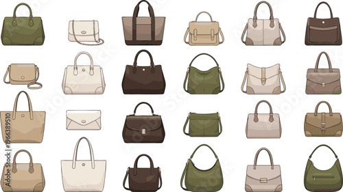 Large Women Handbag Collection Set Featuring Tote, Shoulder, Crossbody, Satchel and Clutch Styles in Neutral Colors Flat Vector Fashion Illustration