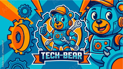 Blue tech bear robot character.