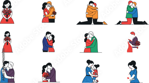 Couples Celebrating Love, Holding Flowers, Sharing Embraces and Affectionate Moments with Heartwarming Gestures