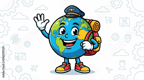 Globe character with backpack.