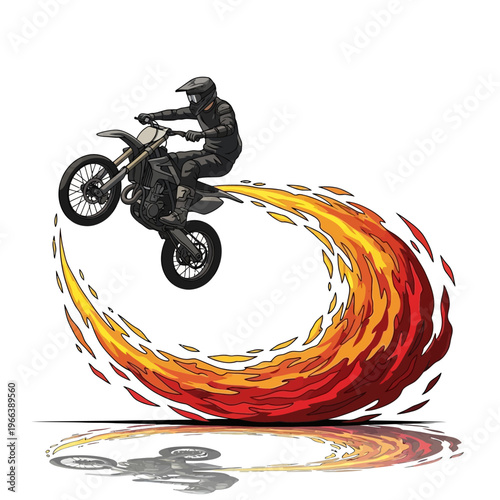 Motocross rider performing a stunt with a fiery trail and reflection