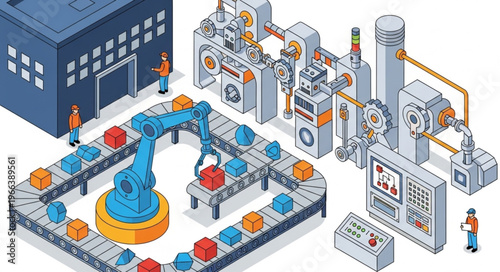 Isometric Factory Automation - Robotic Arm and Conveyor Belt System.