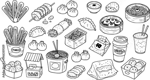 Delicious Hand-Drawn Asian Street Food Icons Collection: Dumplings, Noodles, Churros, and Takeaway Snacks