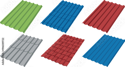 Corrugated metal roofing panels assortment in multiple colors industrial construction material vector illustration set