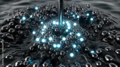 Black liquid surface with shiny metallic spheres and glowing elements