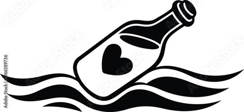Hand-drawn outline of bottle with heart drifting on stylized waves simple monochrome minimalistic ocean concept illustration