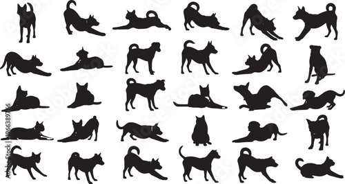 collection of dog and cat stretching poses flat design vector illustration