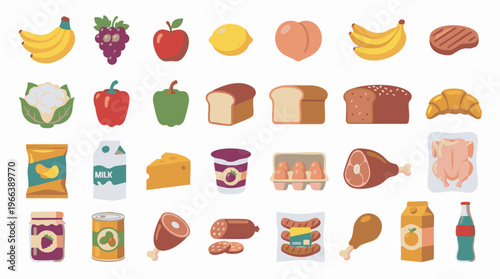 Diverse collection of fresh grocery food items and ingredients in flat style