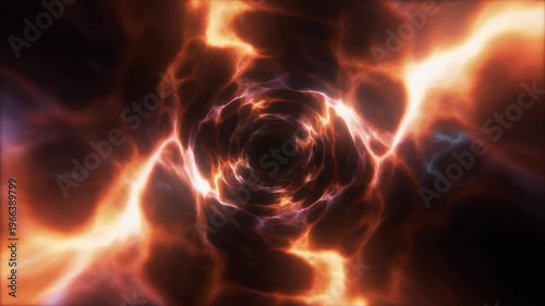 Abstract cosmic wormhole with glowing red and orange energy tunnel