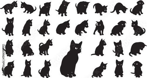 collection of black cat silhouettes in various poses flat design vector illustration