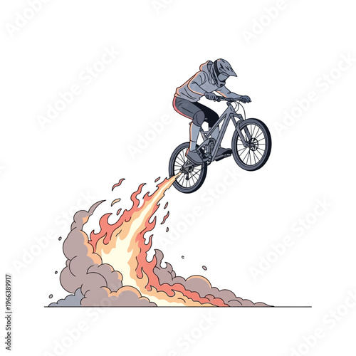 Mountain biker airborne with fire and smoke trail, extreme sports action illustration