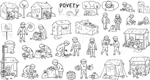 Hand-drawn doodle set illustrating poverty, homelessness, and hardship showing people (adults and children) scavenging for food, living in shacks or tents, and facing destitution.
