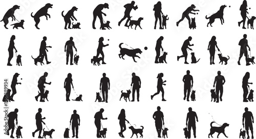 pet and human activities flat design vector illustration set with walking and playing scenes