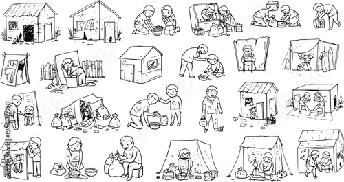Hand-drawn black and white illustrations depicting various scenes of poverty and homelessness, showing struggling children and families in makeshift shelters, scavenging, and facing hardship.
