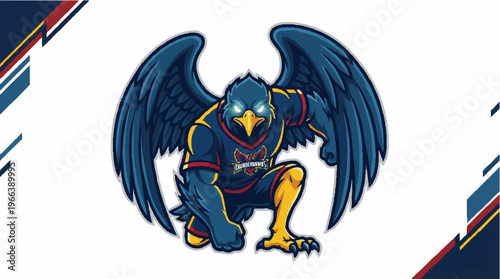 Eagle in athletic uniform crouching.