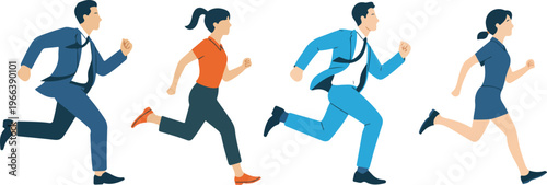 Business people running fast, men and women in suits hurrying forward on white background