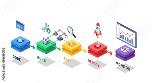 Software Development Lifecycle Stages - Code, Build, Test, Deploy, Monitor.