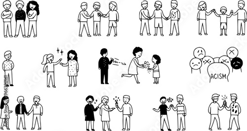 Diverse People Social Interactions, Inclusion, Racism, and Community Line Art Vector Icons Set