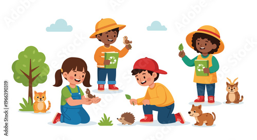 A group of four diverse children enjoy interacting with various animals and learning about nature and recycling in a cheerful outdoor setting.