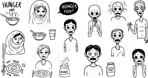 Hand-drawn illustration set depicting various gaunt and suffering people experiencing hunger, starvation, and food deprivation, with related food items and text.