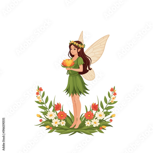 Enchanting Fairy with Flower Wreath and Bouquet in Garden