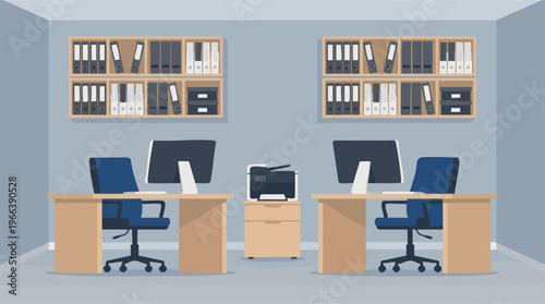 Modern office interior with two workstations, computers, and storage shelves