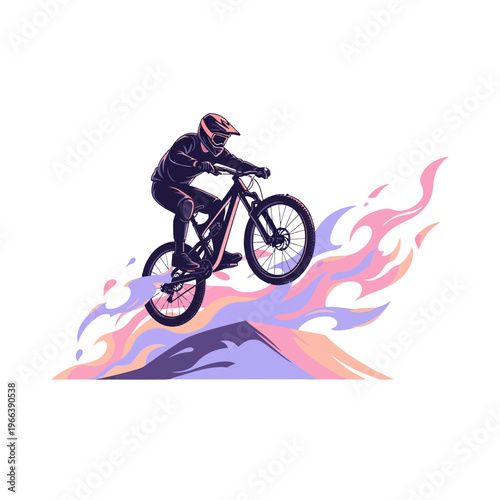 Mountain biker performing a jump with stylized flames and mountain peak.