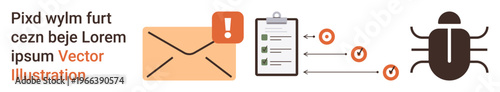 Cybersecurity, data protection, malware prevention, communication alerts, workflow management, digital threats. Notification envelope, checklist process diagram bug symbol. Cybersecurity and data