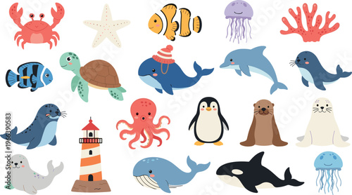 Cute ocean animals collection featuring dolphin whale octopus penguin turtle and coral reef creatures vector set