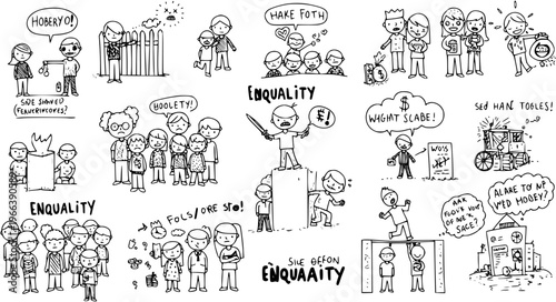 Collection of Hand-Drawn Doodle Cartoons Depicting Social and Economic Inequality, Poverty, Wealth Disparity, and Human Struggles with Whimsical Characters and Abstract Concepts