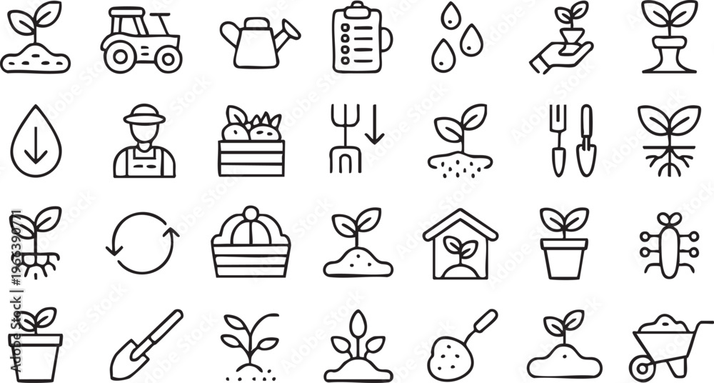 Naklejka premium Gardening and Farming Icon Set Featuring Plant Growth and Agriculture Tools