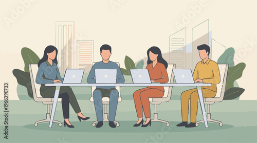 Business team working on laptops at a conference table in a modern office