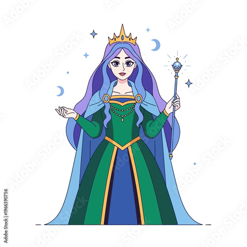 Enchantress Queen with Crown and Scepter, Magical Night Sky Background