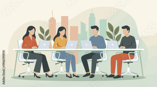 Business team collaborating on laptops in a modern office or co-working space