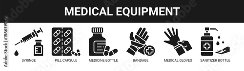 Medical Equipment web banner icon vector illustration concept with icons of syringe, pill capsule, medicine bottle, bandage, medical gloves, and sanitizer bottle.