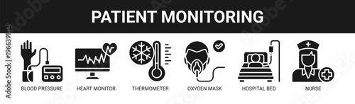 Patient Monitoring web banner icon vector illustration concept with icons of blood pressure, heart monitor, thermometer, oxygen mask, hospital bed, and nurse.