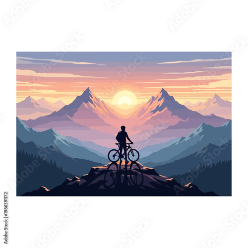 Mountain biker silhouette on peak at sunset, enjoying scenic mountain range view