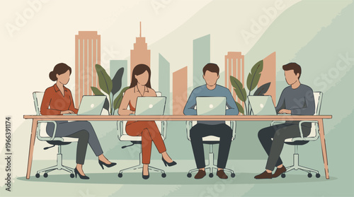 Diverse business team working efficiently on laptops in a modern office.