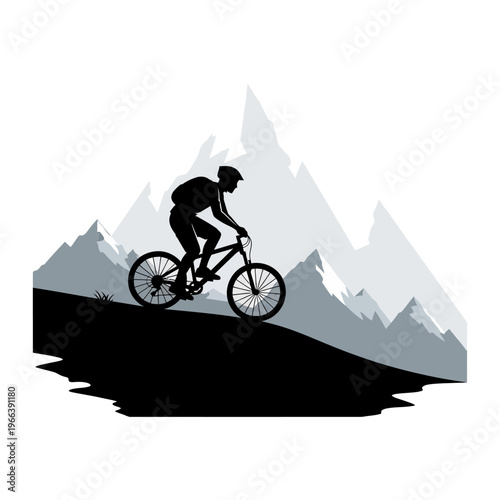 Mountain Biker Silhouette Riding Downhill Against Snowy Mountain Peaks
