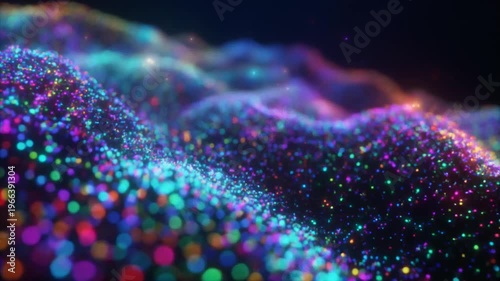 Abstract waves of colorful glowing particles flowing across a dark background