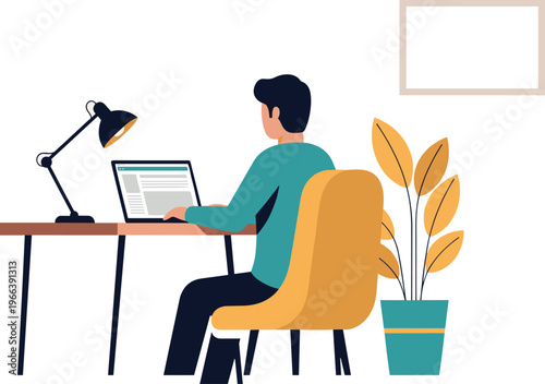 Man working on laptop at desk vector illustration, home office workspace concept for remote work, productivity and modern lifestyle design